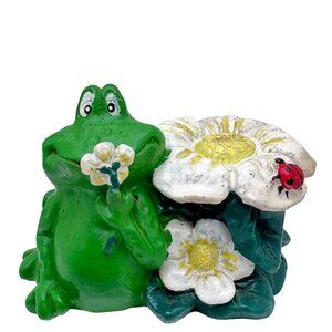 Vtg Whimsical Frog Flowers Ladybug Figurine Hermitage Pottery Hand Painted Green